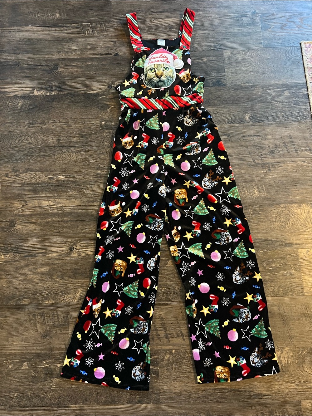 No Boundaries Black Holiday Cat Print Overalls with Red Striped Accents Womens s